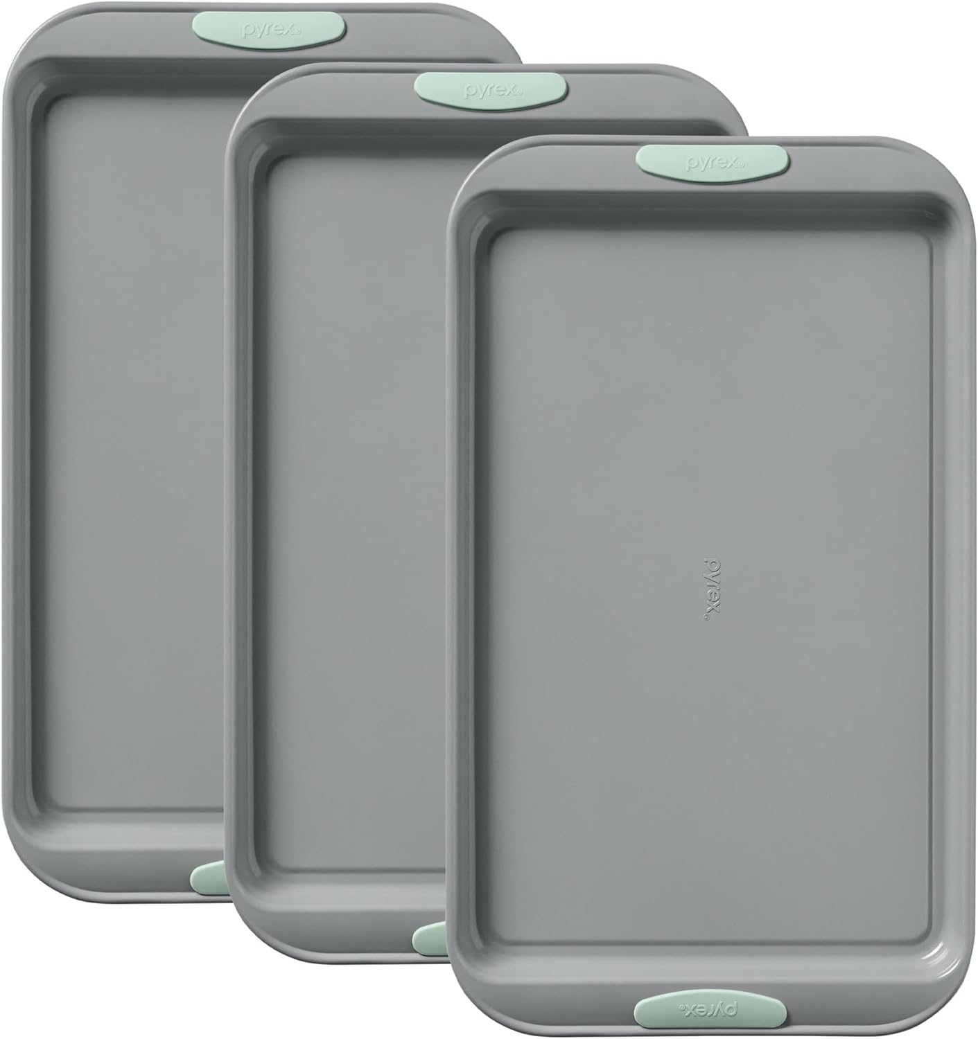 Pyrex-3-Piece-Metal-Cookie-Sheet-Bakeware-Set-Lightweight-Stainless-Steel.jpg Pyrex 3-Piece Metal Cookie Sheet Bakeware Set, Lightweight Stainless Steel Baking Trays with Heatsafe Silicone Handles, Cookie Sheet Baking Pan, Sage - Image 1