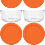 Pyrex 7200 2-Cup Glass Bowls & 7200-PC Orange Lids (4-Pack) - Made in USA | BPA-Free Plastic | Round Shape | Top-Rack Dishwasher Safe | Resists Stains & Odors | Easy To Clean