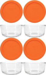 Pyrex 7200 2-Cup Glass Bowls & 7200-PC Orange Lids (4-Pack) - Made in USA | BPA-Free Plastic | Round Shape | Top-Rack Dishwasher Safe | Resists Stains & Odors | Easy To Clean