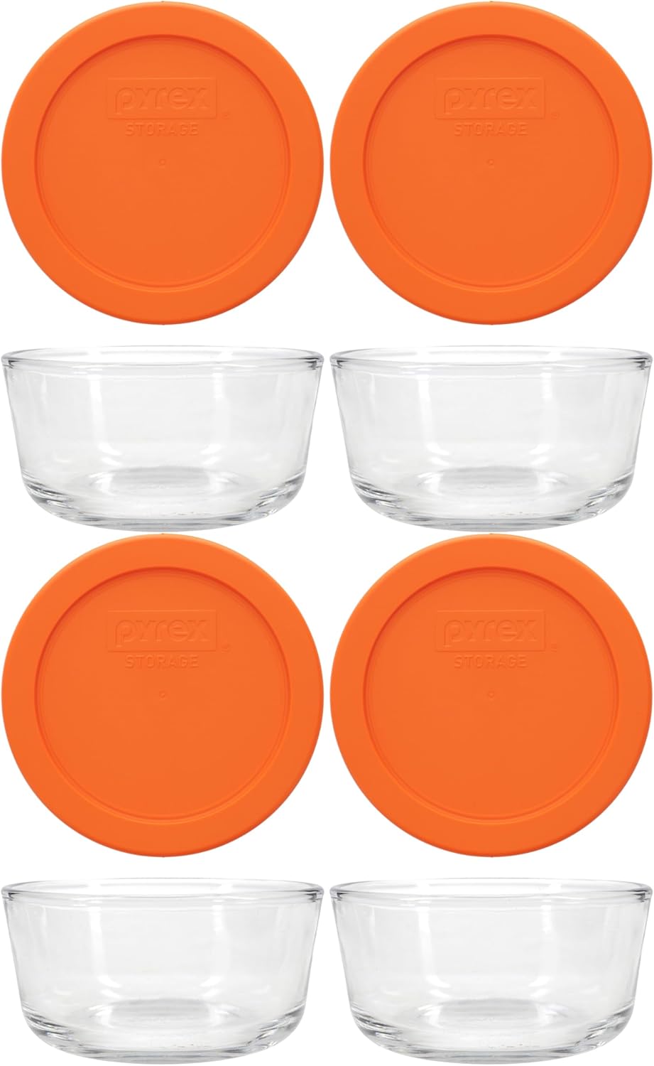Pyrex-7200-2-Cup-Glass-Bowls-7200-PC-Orange-Lids-4-Pack.jpg Pyrex 7200 2-Cup Glass Bowls & 7200-PC Orange Lids (4-Pack) - Made in USA | BPA-Free Plastic | Round Shape | Top-Rack Dishwasher Safe | Resists Stains & Odors | Easy To Clean - Image 1
