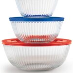 Pyrex Sculpted (3-Pack) Glass Mixing Bowls Set With Plastic Lids For Prepping, Baking and Cooking, Preheated Oven, Dishwasher, Freezer, and Microwave Safe