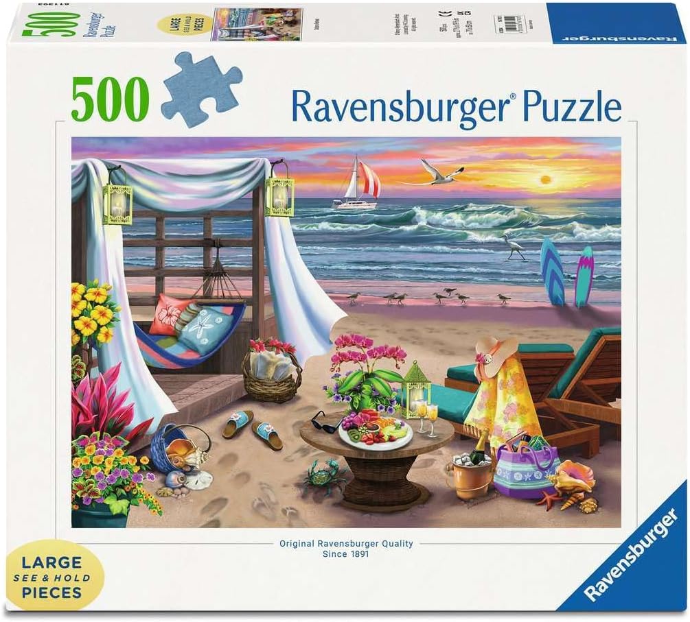Ravensburger-Cabana-Retreat-500-Piece-Large-Format-Jigsaw.jpg Ravensburger - Cabana Retreat - 500 Piece Large Format Jigsaw Puzzle - Enjoy Peaceful, Salty Breezes and a Stunning Ocean Sunset - Frameable - Premium Quality - Puzzles for Adults - Image 1