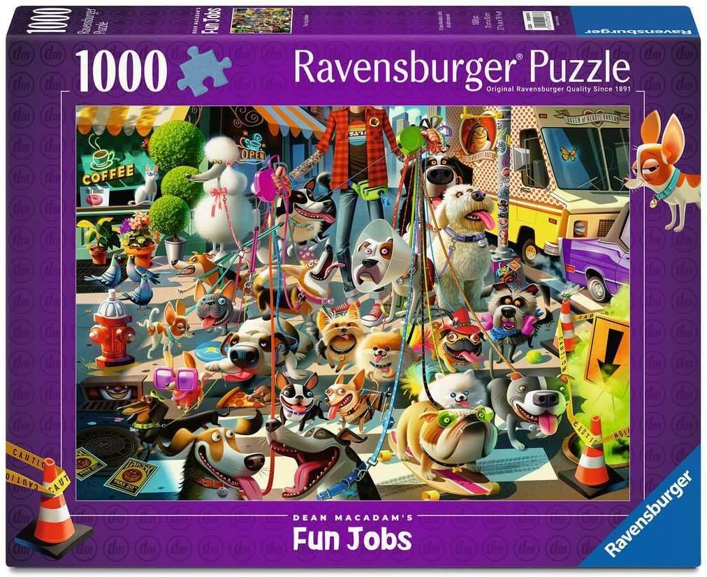 Ravensburger-The-Dog-Walker-1000-Piece-Jigsaw-Puzzle.jpg Ravensburger - The Dog Walker - 1000 Piece Jigsaw Puzzle - Vibrant, Bold Colors and Laugh Inducing Details of an Over-Committed Dog Walker - Premium Quality - Puzzles for Adults - Image 1