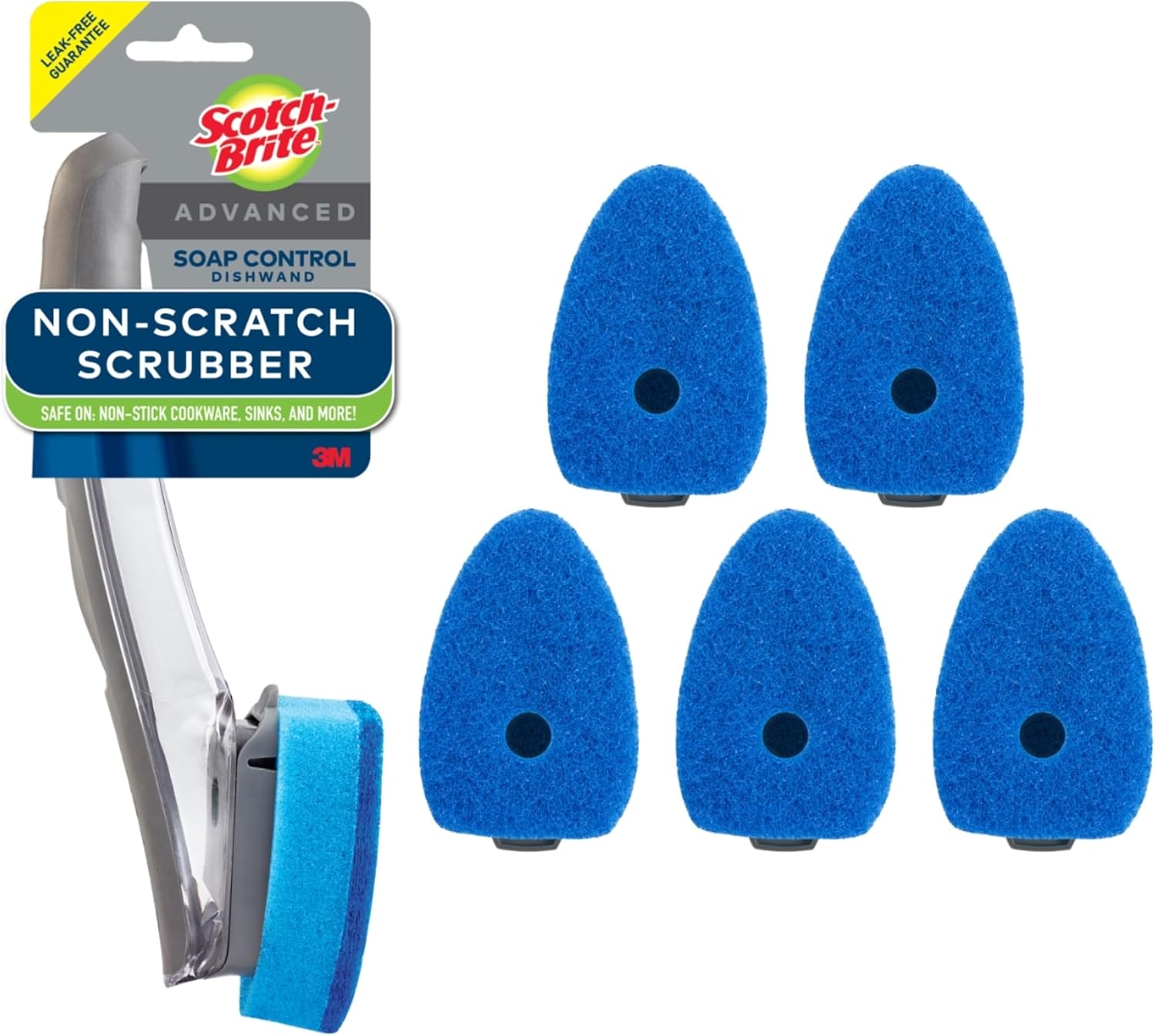 Scotch-Brite-Advanced-Soap-Control-Non-Scratch-Dishwand-Kit-1-Dish-Wand.jpg Scotch-Brite Advanced Soap Control Non-Scratch Dishwand Kit, 1 Dish Wand & 5 Sponge Refills, Prevents Soap from Leaking, Leak-Free Guarantee, Best for Nonstick Pots and Pans, Glass, Tubs, & Showers - Image 1