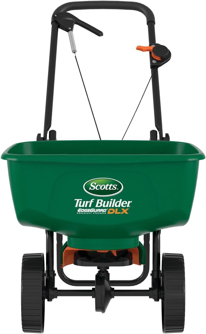 Scotts-Turf-Builder-EdgeGuard-DLX-Broadcast-Spreader-for-Seed-Fertilizer.jpg Scotts Turf Builder EdgeGuard DLX Broadcast Spreader for Seed, Fertilizer, Salt, Ice Melt, Holds up to 15,000 sq.ft. Product, Green | Spreader For Lawn Fertilizer, Weed & Insect Control, Grass Seed, and Ice Melt, Holds Up To 15,000 sq. ft. of Product - Image 1