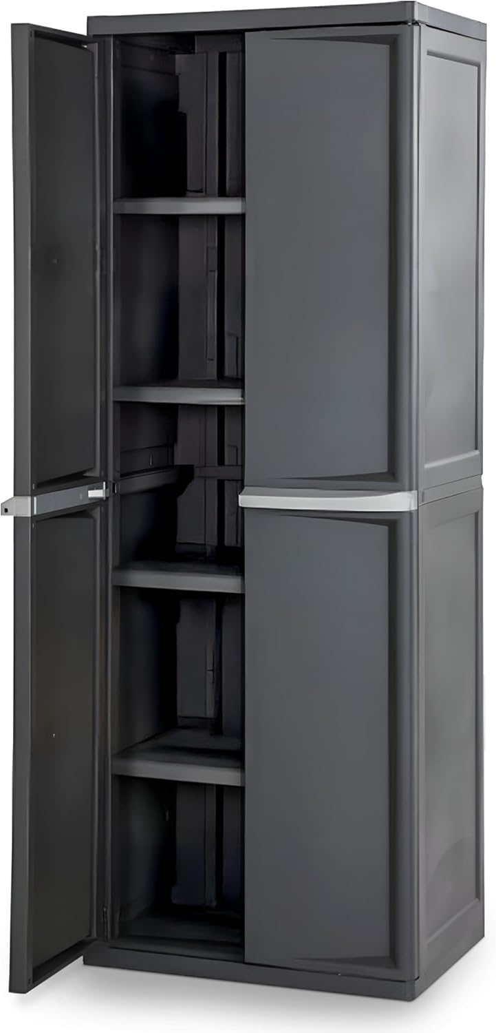 Sterilite-4-Shelf-Cabinet-Lockable-Utility-Storage-w-Adjustable-Shelves.jpg Sterilite 4 Shelf Cabinet, Lockable Utility Storage w/ Adjustable Shelves, Gray - Plastic Shelving Unit for Organizing Garage, Pantry, Basement, Laundry Room or Mudroom - Image 1