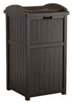 Suncast 33 Gallon Durable Resin Hideaway Outdoor Garbage Can with Secure Lid and Wicker Design for Home Backyards, Decks, or Patios, Java Brown