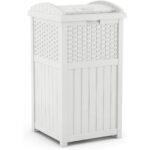 Suncast Hideaway Outdoor Trash Can with Lid - 30 Gallon Trash Can, White, Decorative Wicker-Style Garbage Bin, Weather-Resistant Resin, Fits 30-33 Gallon Bags, Ideal for Patio & Yard, Made in USA