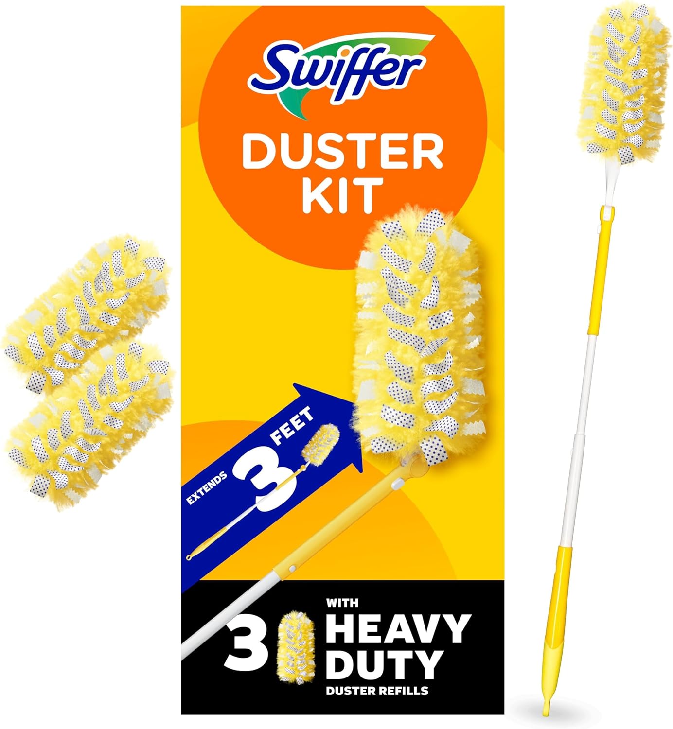 Swiffer-Duster-Kit-with-3-ft-Extendable-Handle-Heavy-Duty.jpg Swiffer Duster Kit with 3 ft Extendable Handle, Heavy Duty Dusting Starter Kit with 3 Refills, for Ceiling Fans, Vents and Hard to Reach Places - Image 1