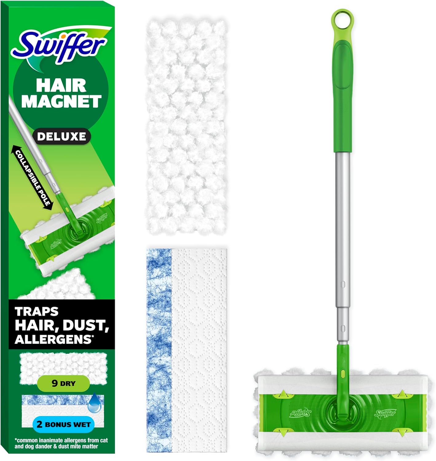 Swiffer-Hair-Magnet-Deluxe-Starter-Kit-with-Collapsible-Pole-9.jpg Swiffer Hair Magnet Deluxe Starter Kit with Collapsible Pole, 9 Hair Magnet Dry Cloths, 2 Bonus Mop & Go Wet Cloths - Image 1
