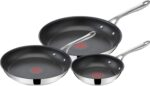 T-Fal x Jamie Oliver Nonstick Coated Stainless Steel Pans 8", 9.5" & 11", Frypan Set Induction Compatible, Oven Safe up to 500°F, Chef's Stainless Steel Skillet, Frying Pan, Silver