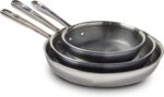 T-fal HybridMesh Tri-Ply Stainless Steel 3 Piece Frypan Cookware Set, 8, 10.25, 12 Inch, Induction Oven Safe 500F, Metal Utensil Safe, Pots and Pans, Dishwasher Safe, Needs Pre-Heating, Silver/Black