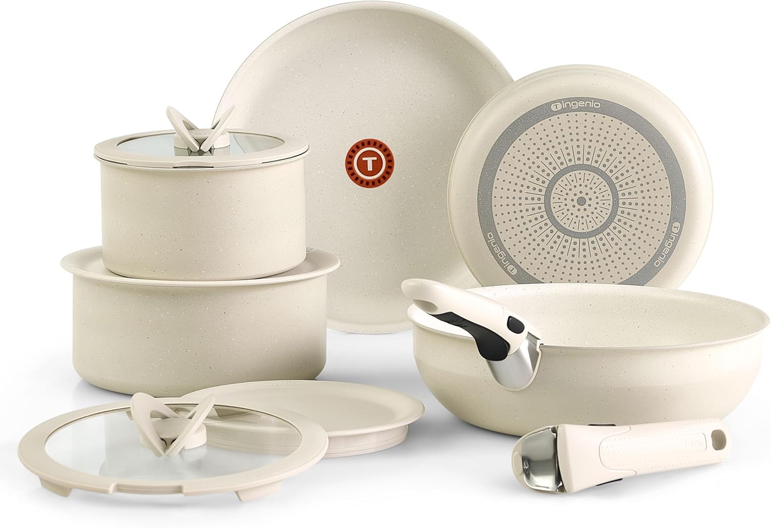 T-fal-Ingenio-Essentials-Cookware-Set-with-DetachableRemovable-Handle-11-Piece.jpg T-fal Ingenio Essentials Cookware Set with Detachable/Removable Handle 11 Piece, Granite Titanium Non Stick, Oven Broiler Safe 500F, Stackable, Pots and Pans Set, Frying Pans, Dishwasher Safe, Beige - Image 1