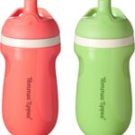 Tommee Tippee Insulated 9oz Sporty Spout Toddler Water Bottle, No Spill, Sippy Cups for Toddlers 1-3, Two-Piece Valve Helps Stop Spills, Green & Red, BPA Free, Pack of 2