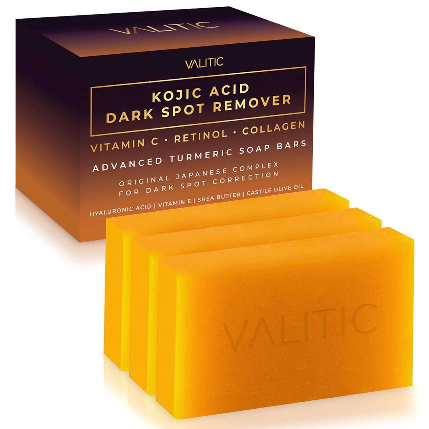 VALITIC-Kojic-Acid-Dark-Spot-Remover-Soap-Bars-with-Vitamin.jpg VALITIC Kojic Acid Dark Spot Remover Soap Bars with Vitamin C, Retinol, Collagen, Turmeric - Original Japanese Complex Infused with Hyaluronic Acid, Vitamin E, Shea Butter, Castile Olive Oil (3 Pack) - Image 1