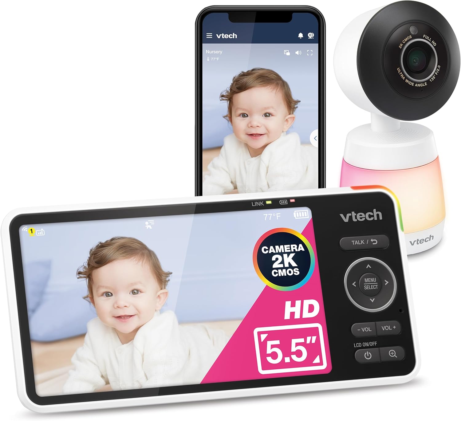 VTech-Smart-WiFi-Baby-Monitor-–-See-Your-Baby-at.jpg VTech Smart WiFi Baby Monitor – See Your Baby at Home or from Anywhere, 2K Camera, 5.5" Screen, 24X Zoom, Wide Angle, Night Vision, Night Light, Free App | Smart HD Plus - Image 1