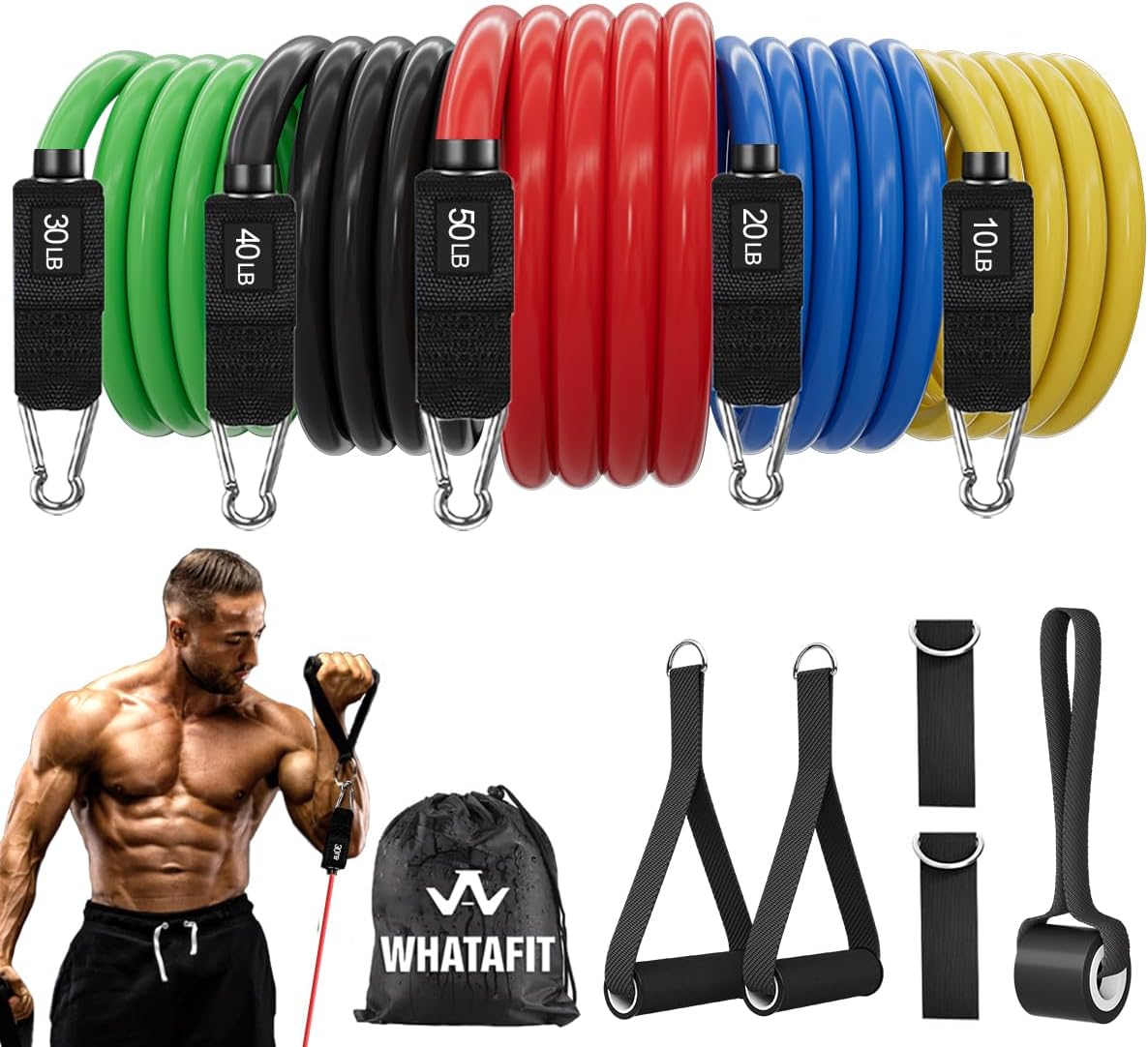 WHATAFIT-Resistance-Bands-Exercise-Bands-Workout-Bands-with-Handles-Door.jpg WHATAFIT Resistance Bands, Exercise Bands, Workout Bands with Handles, Door Anchor and Ankle Straps, 5 Resistance Levels Fitness Bands for Strength Training, Physical Therapy, and Home Gym Equipment - Image 1