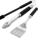 Weber Precision 3‑Piece Grilling Tool Set – Stainless Steel Tongs, Spatula & Silicone Basting Brush with Non‑Slip Handles and Hands‑Free Locking - Grill Accessory Kit