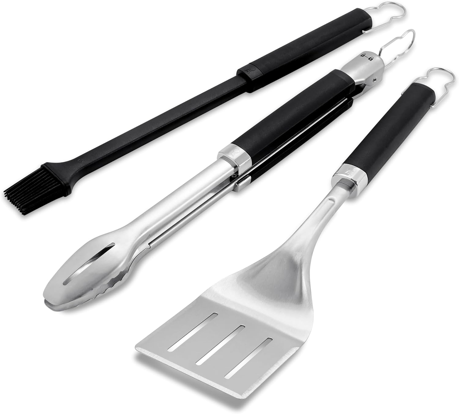 Weber-Precision-3‑Piece-Grilling-Tool-Set-–-Stainless-Steel-Tongs.jpg Weber Precision 3‑Piece Grilling Tool Set – Stainless Steel Tongs, Spatula & Silicone Basting Brush with Non‑Slip Handles and Hands‑Free Locking - Grill Accessory Kit - Image 1