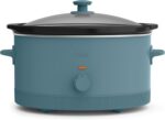 bella 6.0 Qt Manual Slow Cooker, Ceramic Nonstick Coating, 3 Temperature Settings, Dishwasher Safe Stoneware Pot and Tempered Glass Lid, Cool Touch Handles & Tangle Free Cord Wrap, Surf
