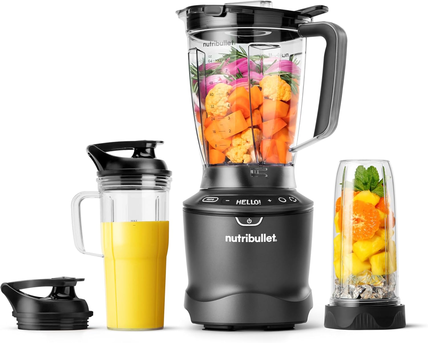 nutribullet-SmartSense-Blender-Combo-1400W-64oz-Pitcher-32oz-24oz.jpg nutribullet SmartSense Blender Combo, 1400W, 64oz Pitcher, 32oz & 24oz Cups, 5-Speed, Smoothies, Ice and Frozen Fruit, Nut Milk, Soup, Gunmetal Gray, NBF50700 - Image 1