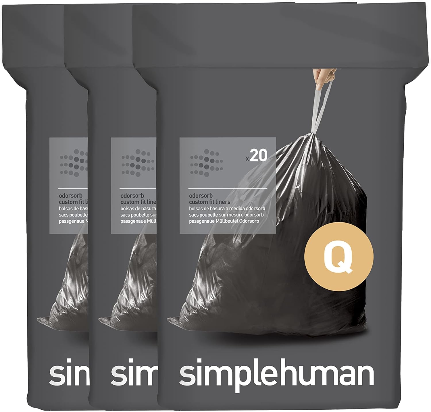 simplehuman-Code-Q-60-Count-Genuine-Odorsorb-Custom-Fit-Liners.jpg simplehuman Code Q 60 Count, Genuine Odorsorb Custom Fit Liners, Drawstring Odor Absorbing Trash Bags in Dispenser Packs, 50-65 Liter / 13-17 Gallon - Image 1